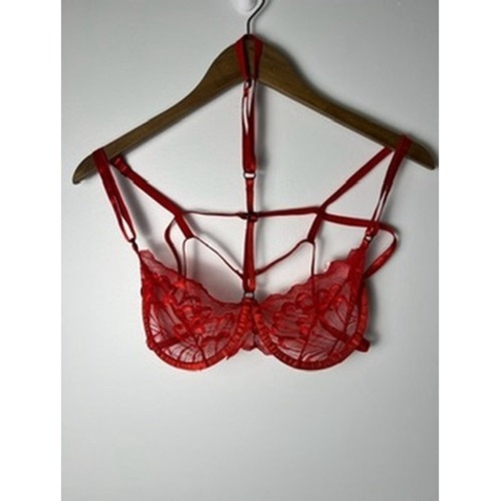 Red LG Floral Lace Cage Harness Bra Underwire Strappy T-Back Lingerie Romantic